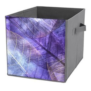 purple leaves foldable storage bins printd fabric cube baskets boxes with handles for clothes toys, 11x11x11