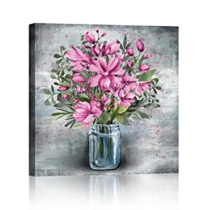 strlon bathroom wall decor floral canvas wall art pink flower in blue bottle hand painted artwork for kitchen bedroom office ready to hang size 14″x14″