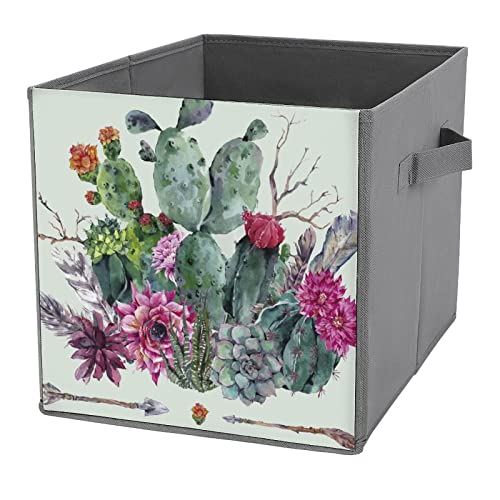 Cacti Succulent Foldable Storage Bins Printd Fabric Cube Baskets Boxes with Handles for Clothes Toys, 11x11x11