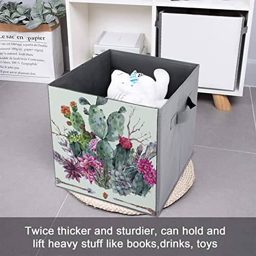 Cacti Succulent Foldable Storage Bins Printd Fabric Cube Baskets Boxes with Handles for Clothes Toys, 11x11x11