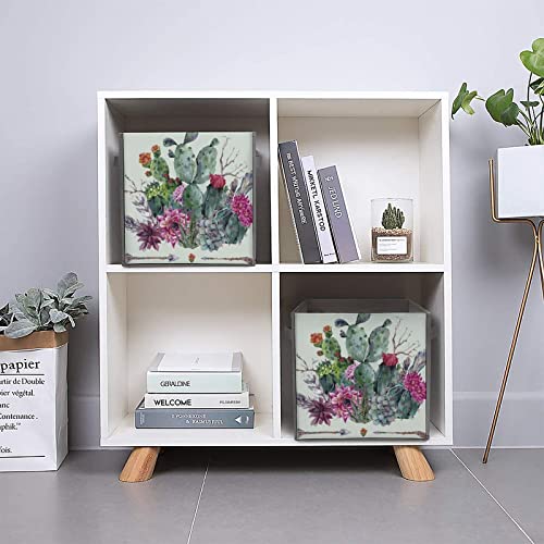 Cacti Succulent Foldable Storage Bins Printd Fabric Cube Baskets Boxes with Handles for Clothes Toys, 11x11x11