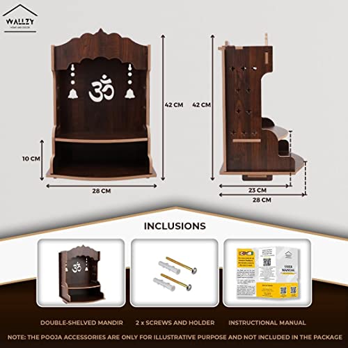 WALLZY Pooja Wooden Mandir for Home Wall Mounted | Wood Puja Home Temple with Double Shelf for Storage and God Idols Decoration for Living Room, Bedroom and Office