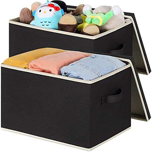 LHZK Fabric Storage Bins with Lids, Large Fabric Storage Baskets with Lids for Organizing 15"x11"x9.6", Closet Storage Bins with Reinforced Handles, Collapsible Storage Boxes for Shelves (Black, 2-Pack)