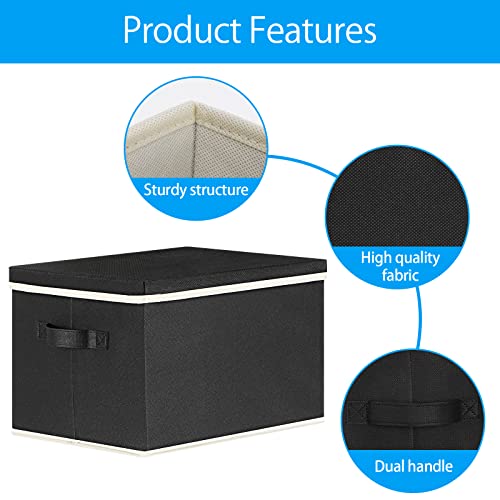 LHZK Fabric Storage Bins with Lids, Large Fabric Storage Baskets with Lids for Organizing 15"x11"x9.6", Closet Storage Bins with Reinforced Handles, Collapsible Storage Boxes for Shelves (Black, 2-Pack)