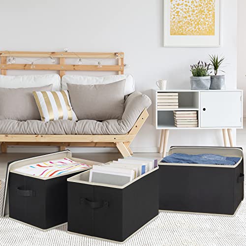 LHZK Fabric Storage Bins with Lids, Large Fabric Storage Baskets with Lids for Organizing 15"x11"x9.6", Closet Storage Bins with Reinforced Handles, Collapsible Storage Boxes for Shelves (Black, 2-Pack)