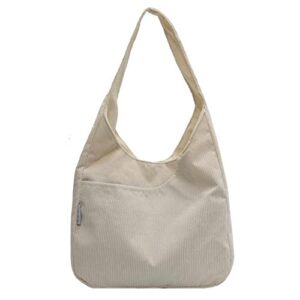 corduroy tote bag for women solid color snap-button fastening exterior slip pocket single shoulder strap hobo handbag (beige)