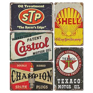 vintage garage signs room decor 5pcs, pvc made waterproof garage decor signs for men, duplex printed retro wall decor, fade & bend resistant old car shop posters oil and gas station signs, 8×12 inches