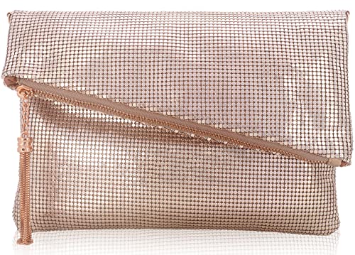 Venoline Large Metal Mesh Evening Clutch Bag Convertible Handbag Tassel Purse Rose Gold