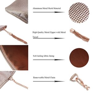 Venoline Large Metal Mesh Evening Clutch Bag Convertible Handbag Tassel Purse Rose Gold