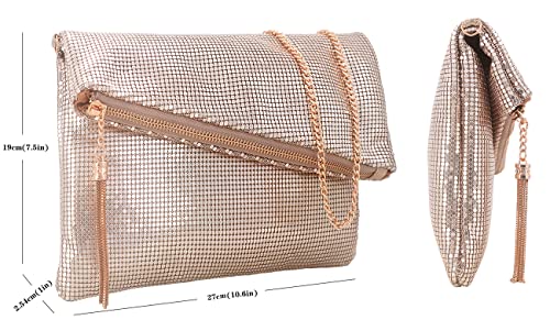 Venoline Large Metal Mesh Evening Clutch Bag Convertible Handbag Tassel Purse Rose Gold