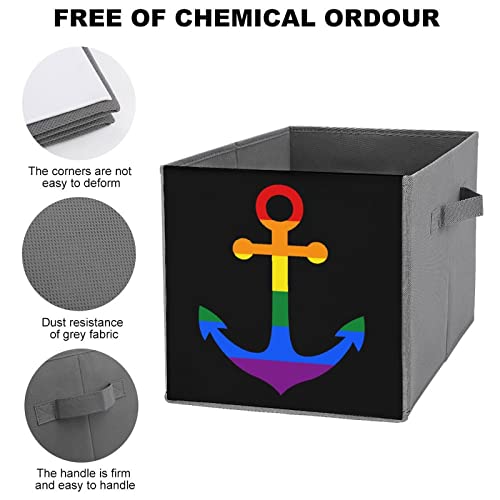 Anchor with Colors of LGBT Flag Foldable Storage Bins Printd Fabric Cube Baskets Boxes with Handles for Clothes Toys, 11x11x11