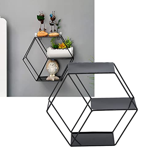 EPMANN Wrought Iron Wall Shelf, Wall Mounted Floating Shelf Hexagonal Shelf Retro Flower Stand Display Stand for Bedroom Living Room Office(Black)