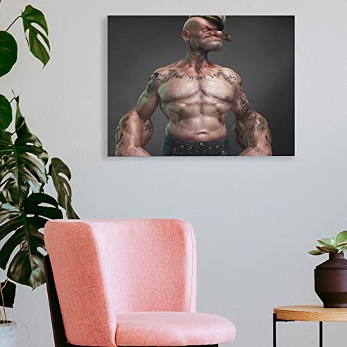 Modern Art Posters Popeye Tattoo Muscle Sailor Funny Posters Cartoon Gym Room Decor Canvas Wall Art Prints for Wall Decor Room Decor Bedroom Decor Gifts 24x32inch(60x80cm) Frame-Style