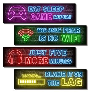 4 pcs printed neon gaming posters, boys room decorations for bedroom, gamer wall art,gamer, teen boy bedroom,neon gaming decor for boys room wooden