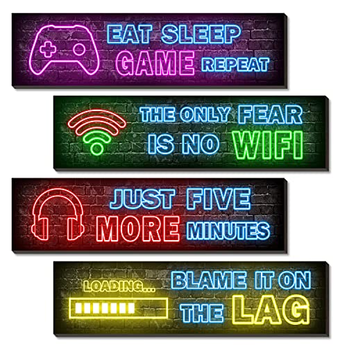 4 Pcs Printed Neon Gaming Posters, Boys Room Decorations for Bedroom, gamer wall art,Gamer, Teen boy bedroom,Neon Gaming Decor for Boys Room Wooden