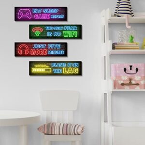 4 Pcs Printed Neon Gaming Posters, Boys Room Decorations for Bedroom, gamer wall art,Gamer, Teen boy bedroom,Neon Gaming Decor for Boys Room Wooden