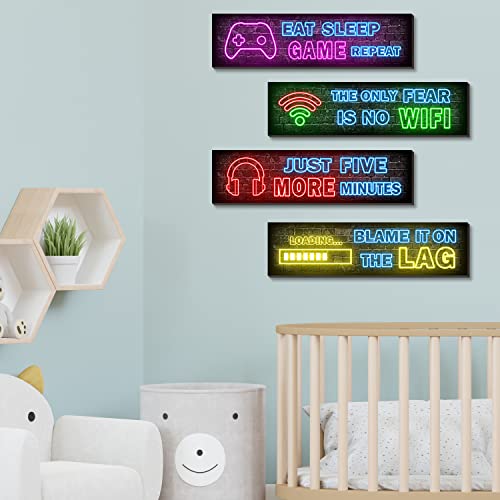 4 Pcs Printed Neon Gaming Posters, Boys Room Decorations for Bedroom, gamer wall art,Gamer, Teen boy bedroom,Neon Gaming Decor for Boys Room Wooden