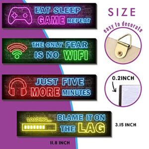 4 Pcs Printed Neon Gaming Posters, Boys Room Decorations for Bedroom, gamer wall art,Gamer, Teen boy bedroom,Neon Gaming Decor for Boys Room Wooden