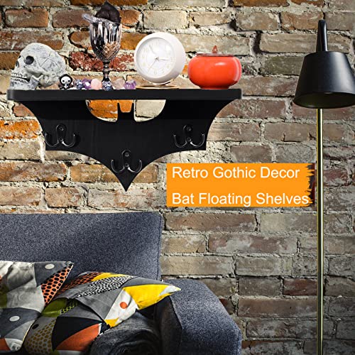 WK&YOHFY Bat Shelf Gothic Home Decor Floating Shelves-Gothic Shelves for Oddities and Curiosities-Bat Decor Spooky Hanging Shelf with 3 Double Hooks