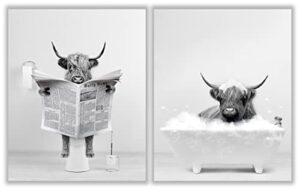 highland cow wall art poster – unframed set of 2 (12×16 inch) – funny bathroom wall decor, black and white wall art, bathroom wall decor, kids bathroom decor, animal highland cows pictures posters for funny bathroom and restroom, modern cute chic cool uni
