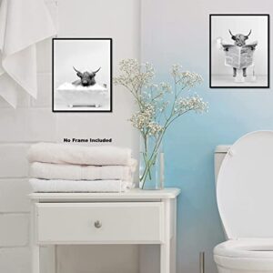 Highland Cow Wall Art Poster – Unframed Set of 2 (12x16 Inch) – Funny Bathroom Wall Decor, Black and White Wall Art, Bathroom Wall Decor, Kids Bathroom Decor, Animal Highland Cows Pictures Posters for Funny Bathroom and Restroom, Modern Cute Chic Cool Uni