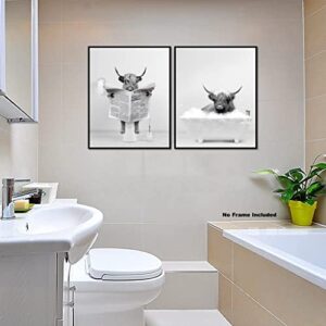 Highland Cow Wall Art Poster – Unframed Set of 2 (12x16 Inch) – Funny Bathroom Wall Decor, Black and White Wall Art, Bathroom Wall Decor, Kids Bathroom Decor, Animal Highland Cows Pictures Posters for Funny Bathroom and Restroom, Modern Cute Chic Cool Uni