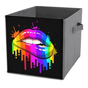 gay homosexual lesbian rainbow lips foldable storage bins printd fabric cube baskets boxes with handles for clothes toys, 11x11x11