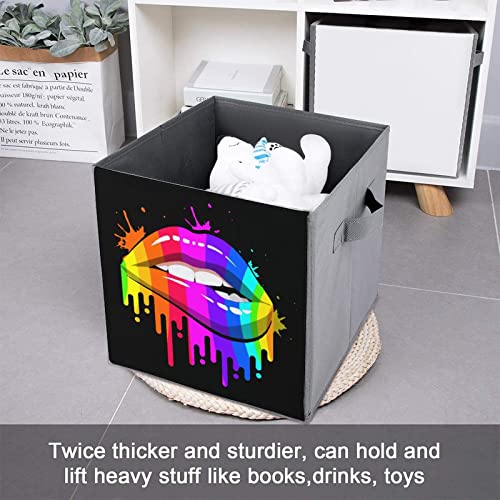 Gay Homosexual Lesbian Rainbow Lips Foldable Storage Bins Printd Fabric Cube Baskets Boxes with Handles for Clothes Toys, 11x11x11