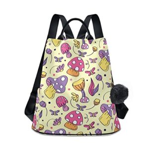 nfmili kawaii mini mushrooms women casual backpack anti theft school travel daily daypacks modern simple purse with fuzz ball key chain 13.4 x 5.9 x 15 inch