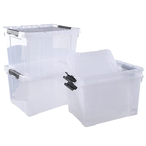 Obstnny 4 Pack Huge Storage Bin with Wheels, 50 Quart Latching Box, Clear