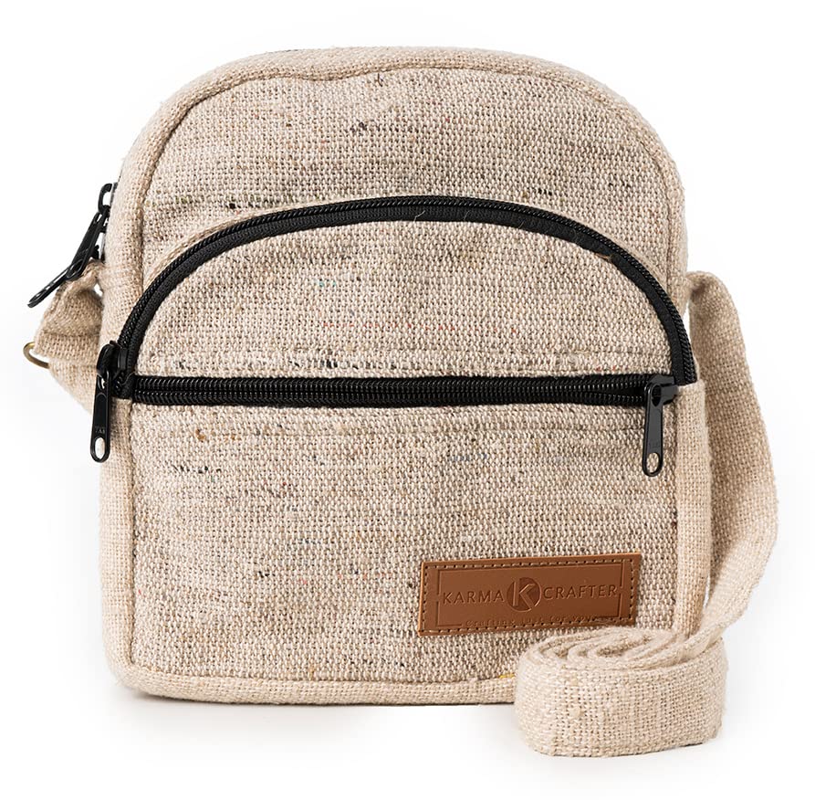 Crossbody Bag Purse Made From Pure Hemp - Unisex Hippie boho Tote Handmade shoulder bag for Travel, purse for men and women (Natural Khaki)