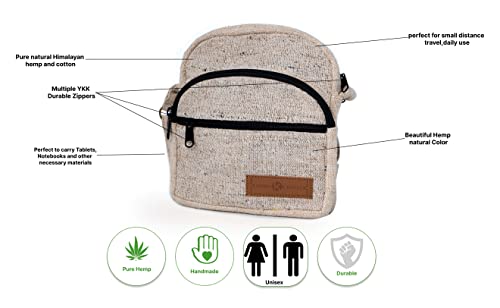 Crossbody Bag Purse Made From Pure Hemp - Unisex Hippie boho Tote Handmade shoulder bag for Travel, purse for men and women (Natural Khaki)