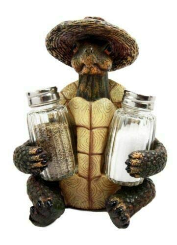 Set Of 1 Outgoing Turtle With Wicker Hat Salt Pepper Shakers Holder Figurine