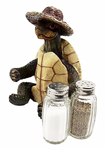 Set Of 1 Outgoing Turtle With Wicker Hat Salt Pepper Shakers Holder Figurine