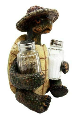 Set Of 1 Outgoing Turtle With Wicker Hat Salt Pepper Shakers Holder Figurine