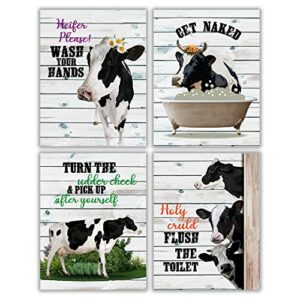 mtl hoe funny cow rustic bathroom decor art print, farmhouse bathroom cow pictures signwall decor posters farm bathroom decor, cow kitchen decor cow print bathroom decor set of 4 (8x10in unframed)