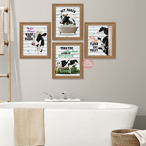 MTL HOE Funny Cow Rustic Bathroom Decor Art Print, Farmhouse Bathroom Cow Pictures Signwall Decor Posters Farm Bathroom Decor, Cow Kitchen Decor Cow Print Bathroom Decor Set of 4 (8X10in Unframed)