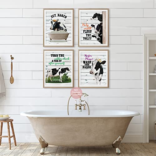 MTL HOE Funny Cow Rustic Bathroom Decor Art Print, Farmhouse Bathroom Cow Pictures Signwall Decor Posters Farm Bathroom Decor, Cow Kitchen Decor Cow Print Bathroom Decor Set of 4 (8X10in Unframed)