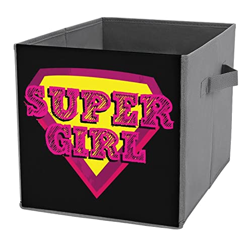 Super Girl Foldable Storage Bins Printd Fabric Cube Baskets Boxes with Handles for Clothes Toys, 11x11x11