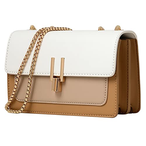 Crossbody Bags for Women Cute Faux Leather Trendy Cross Body Bag Purses for Women Small Color-Block Designer Handbags Ladies Purse Satchel Chain Strap Shoulder Bag Beige White