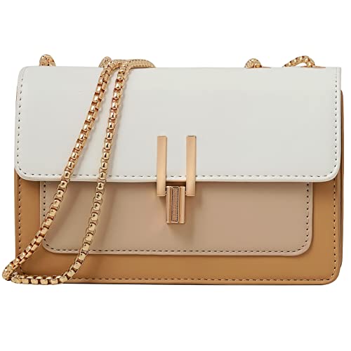 Crossbody Bags for Women Cute Faux Leather Trendy Cross Body Bag Purses for Women Small Color-Block Designer Handbags Ladies Purse Satchel Chain Strap Shoulder Bag Beige White