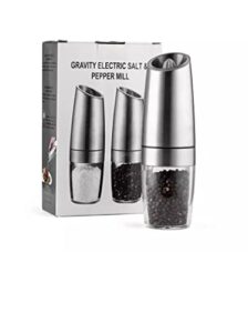 gravity electric salt and pepper grinder set, battery operated, stainless steel, adjustable coarseness, led light, one hand automatic operation, 2 pack