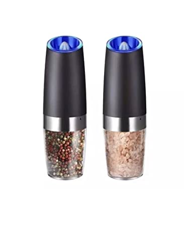 Gravity Electric Salt and Pepper Grinder Set, Battery operated, Stainless Steel, Adjustable Coarseness, LED light, One Hand Automatic Operation, 2 pack