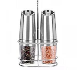 Gravity Electric Salt and Pepper Grinder Set, Battery operated, Stainless Steel, Adjustable Coarseness, LED light, One Hand Automatic Operation, 2 pack