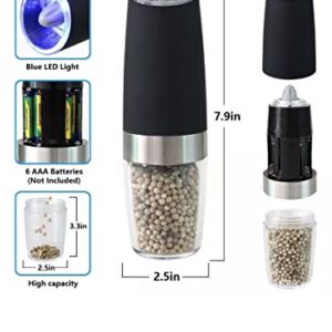 Gravity Electric Salt and Pepper Grinder Set, Battery operated, Stainless Steel, Adjustable Coarseness, LED light, One Hand Automatic Operation, 2 pack