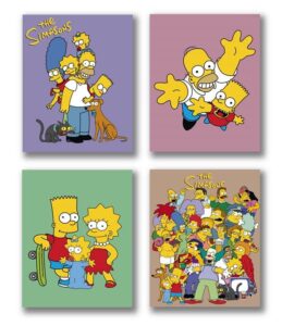 purplehearts | simpsons poster prints – set of 4 unframed (8 inches x 10 inches) movie poster prints – bart homer marge lisa maggie, simpsons wall art, retro cartoon poster,
