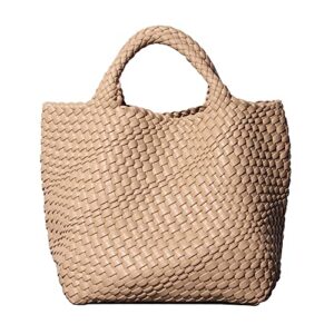 vegan leather woven bag with purse for women, fashion handmade beach tote bag top-handle handbag (apricot)