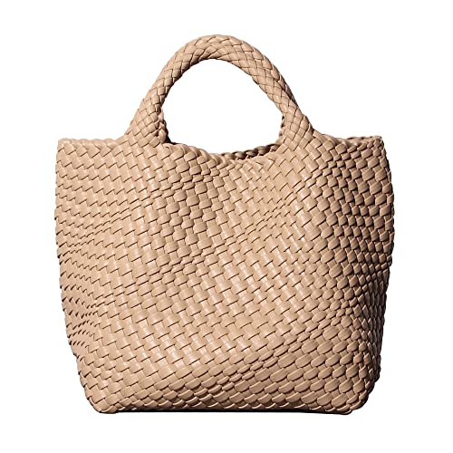 Vegan Leather Woven Bag with Purse for Women, Fashion Handmade Beach Tote Bag Top-handle Handbag (Apricot)