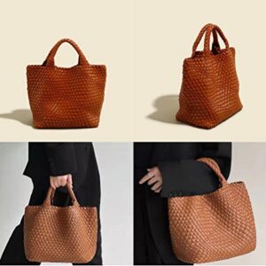 Vegan Leather Woven Bag with Purse for Women, Fashion Handmade Beach Tote Bag Top-handle Handbag (Apricot)