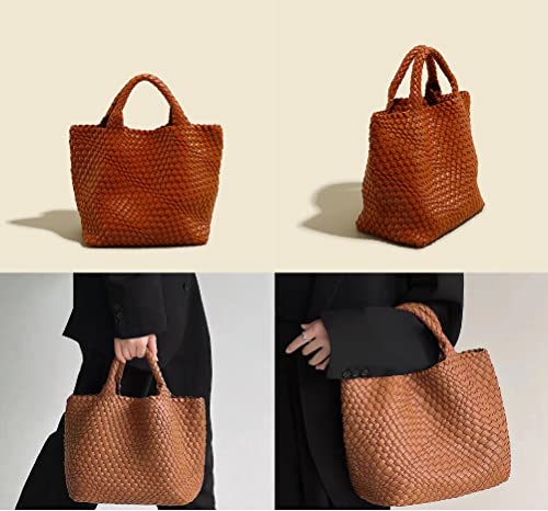 Vegan Leather Woven Bag with Purse for Women, Fashion Handmade Beach Tote Bag Top-handle Handbag (Apricot)